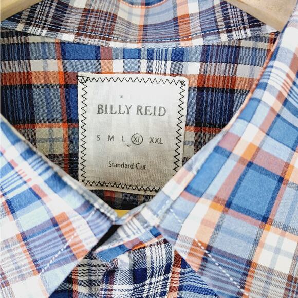 Billy Reid SZ XL Standard Cut White Blue Orange Brown Plaid Button Down Shirt - Picture 4 of 7